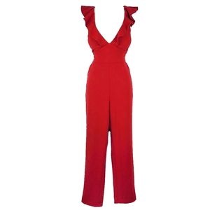 LULU'S Leilani Red Ruffle Trim Plunge Jumpsuit M